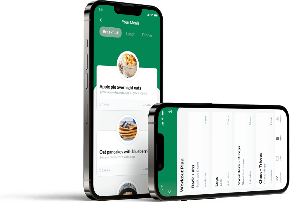 Two phones showing meal planning and workout planning features.