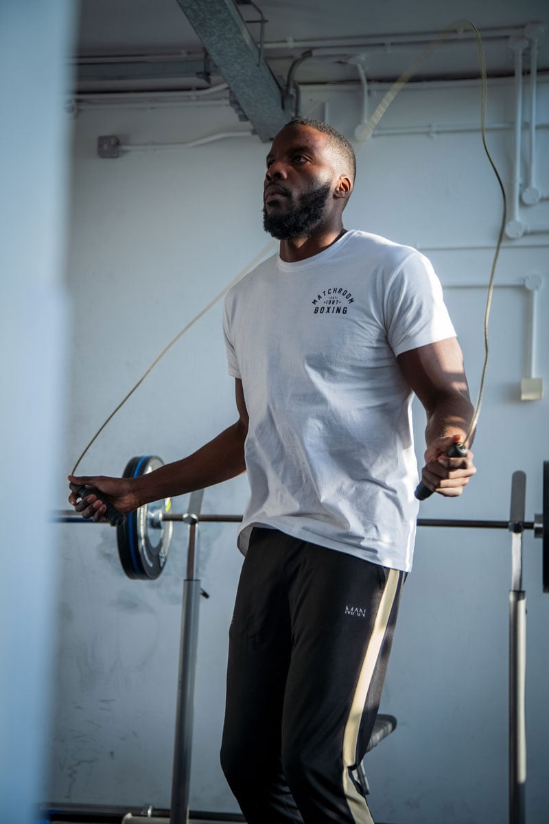 Lawrence Okolie working with a jump rope.